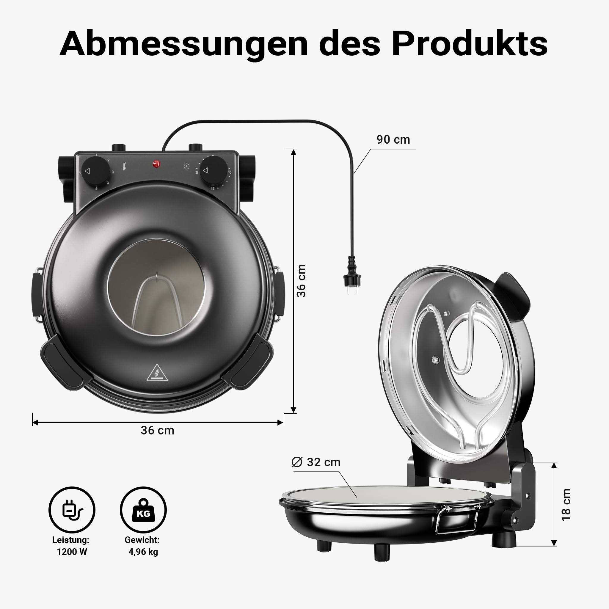 Pizzamaker mit Keramiksteinplatte Ø32cm und Sichtfenster, zwei Heizelemente max. 400°C, mit Timer