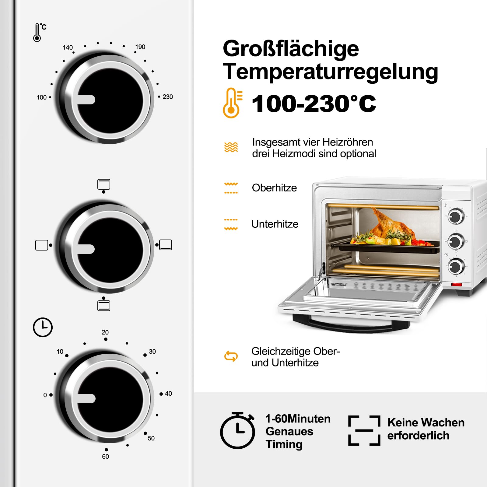 WOLTU Mini Backofen 28 L, Pizzaofen 1600 W, 100-230 °C, Timer 0-60 Min., 3 Heizmodi, inkl. Backblech Grillrost Krümelblech Rostheber, Mini Ofen für Backen Braten Auftauen Erhitzen, Weiß