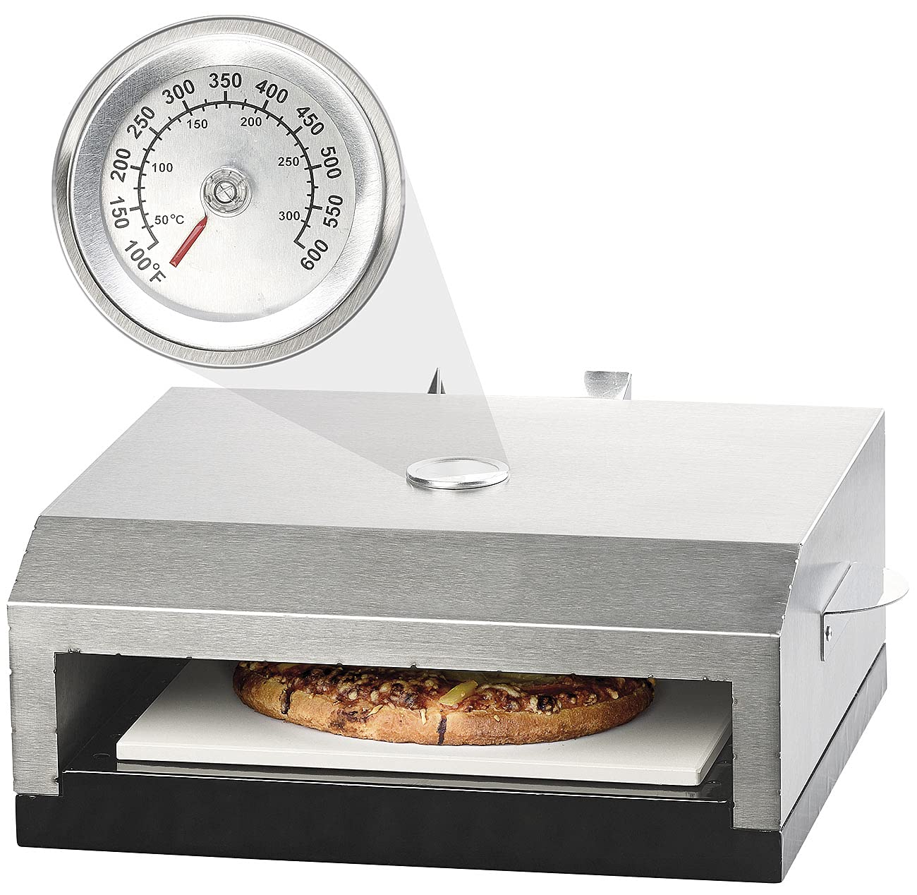 Rosenstein & Söhne Pizzaofen Aufsatz: Pizzaofen-Grillaufsatz mit Steinplatte & Temperaturanzeige bis 300 °C (Aufsatz für Gasgrill, Grill, Grillthermometer)