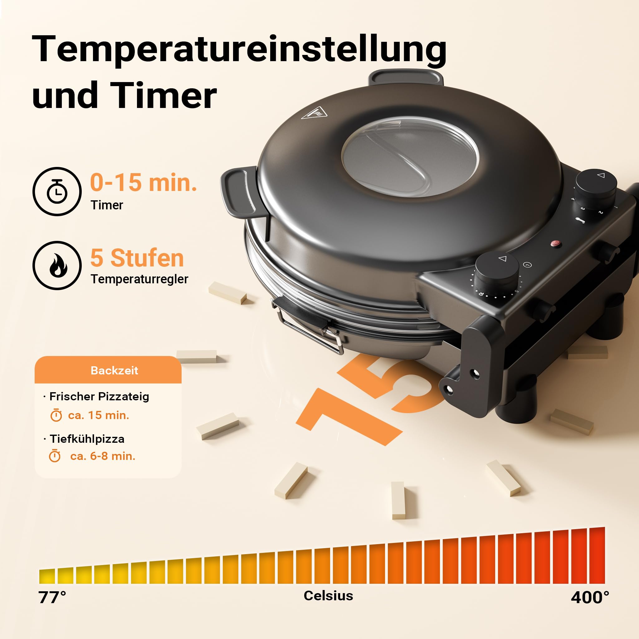 Pizzamaker mit Keramiksteinplatte Ø32cm und Sichtfenster, zwei Heizelemente max. 400°C, mit Timer