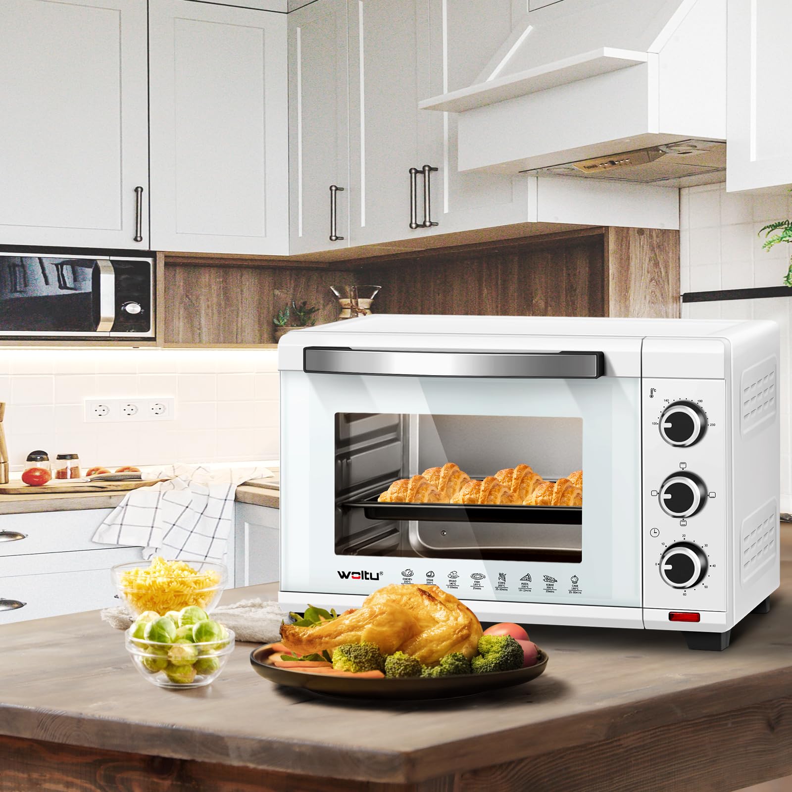 WOLTU Mini Backofen 28 L, Pizzaofen 1600 W, 100-230 °C, Timer 0-60 Min., 3 Heizmodi, inkl. Backblech Grillrost Krümelblech Rostheber, Mini Ofen für Backen Braten Auftauen Erhitzen, Weiß