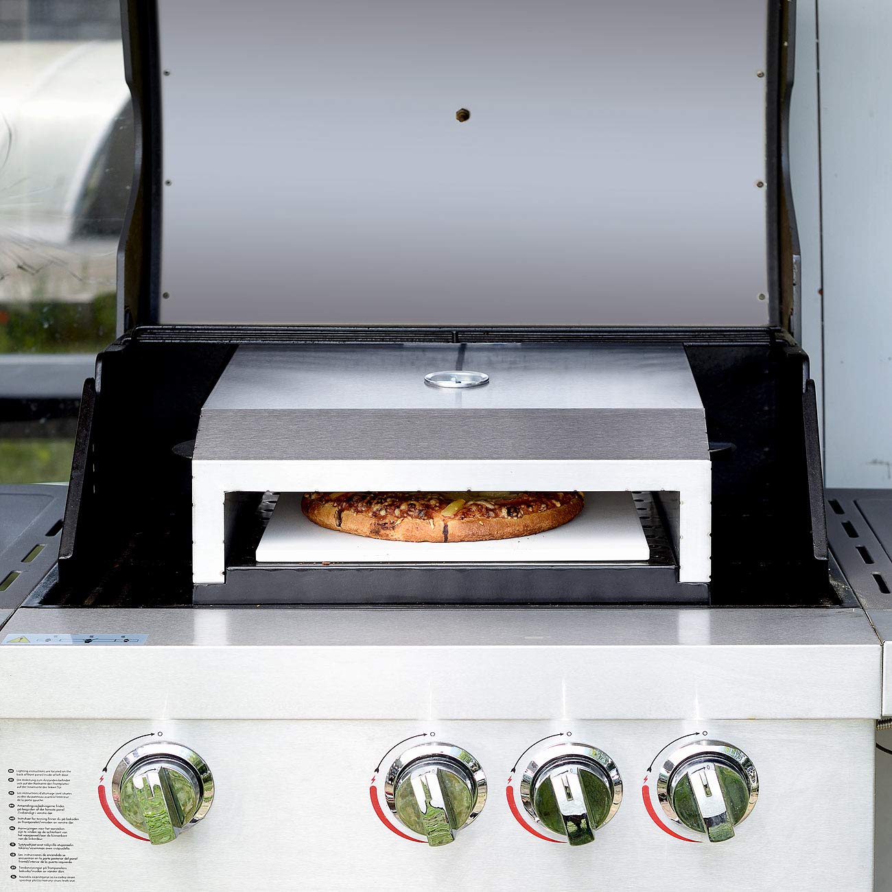 Rosenstein & Söhne Pizzaofen Aufsatz: Pizzaofen-Grillaufsatz mit Steinplatte & Temperaturanzeige bis 300 °C (Aufsatz für Gasgrill, Grill, Grillthermometer)
