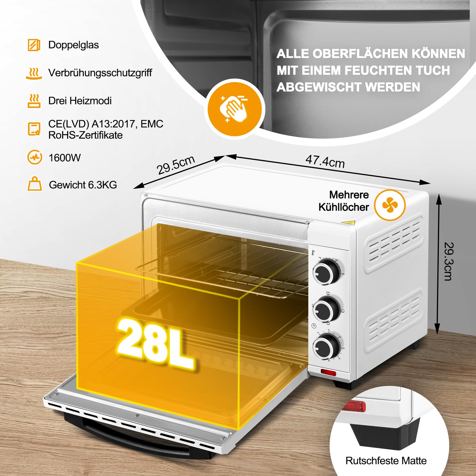 WOLTU Mini Backofen 28 L, Pizzaofen 1600 W, 100-230 °C, Timer 0-60 Min., 3 Heizmodi, inkl. Backblech Grillrost Krümelblech Rostheber, Mini Ofen für Backen Braten Auftauen Erhitzen, Weiß