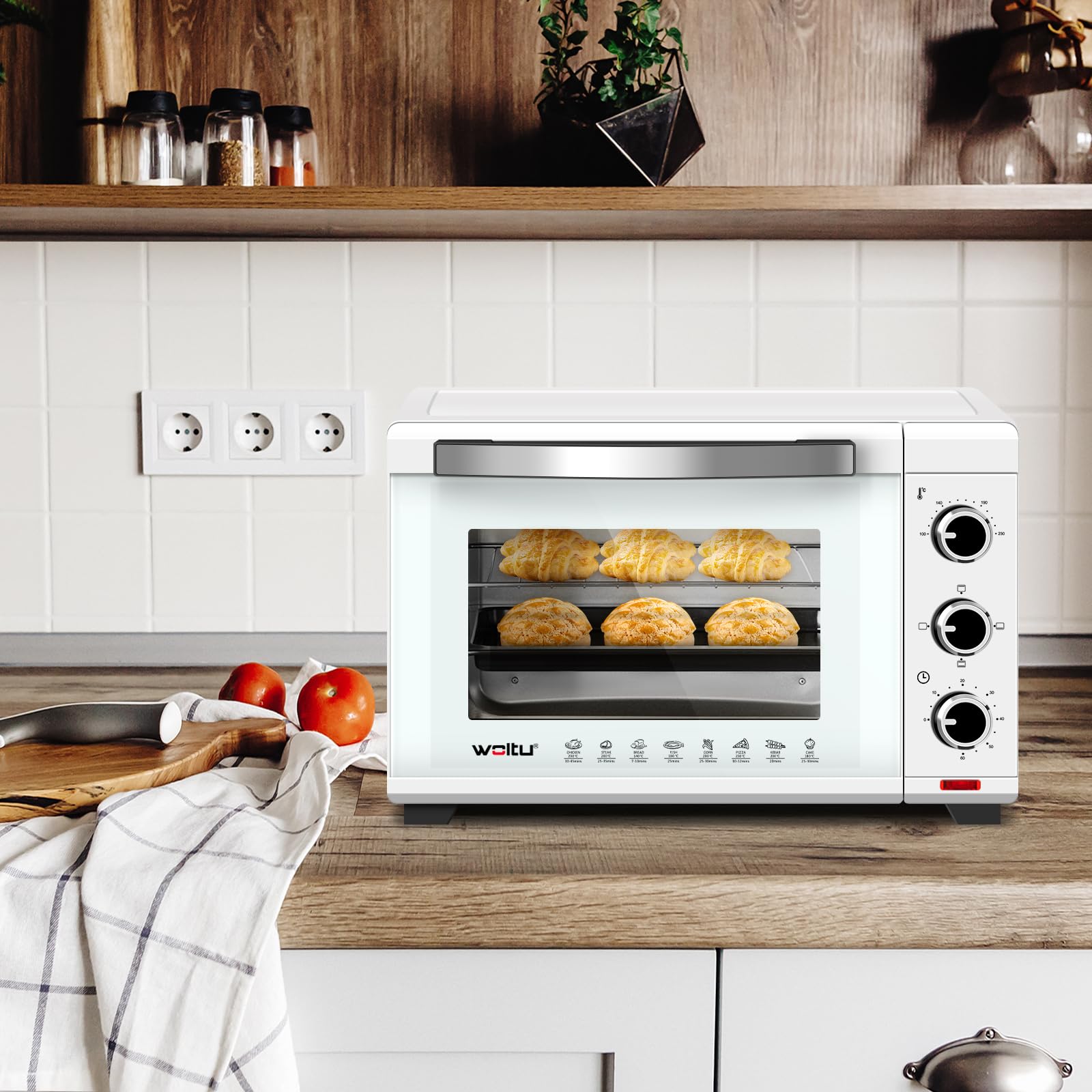 WOLTU Mini Backofen 28 L, Pizzaofen 1600 W, 100-230 °C, Timer 0-60 Min., 3 Heizmodi, inkl. Backblech Grillrost Krümelblech Rostheber, Mini Ofen für Backen Braten Auftauen Erhitzen, Weiß