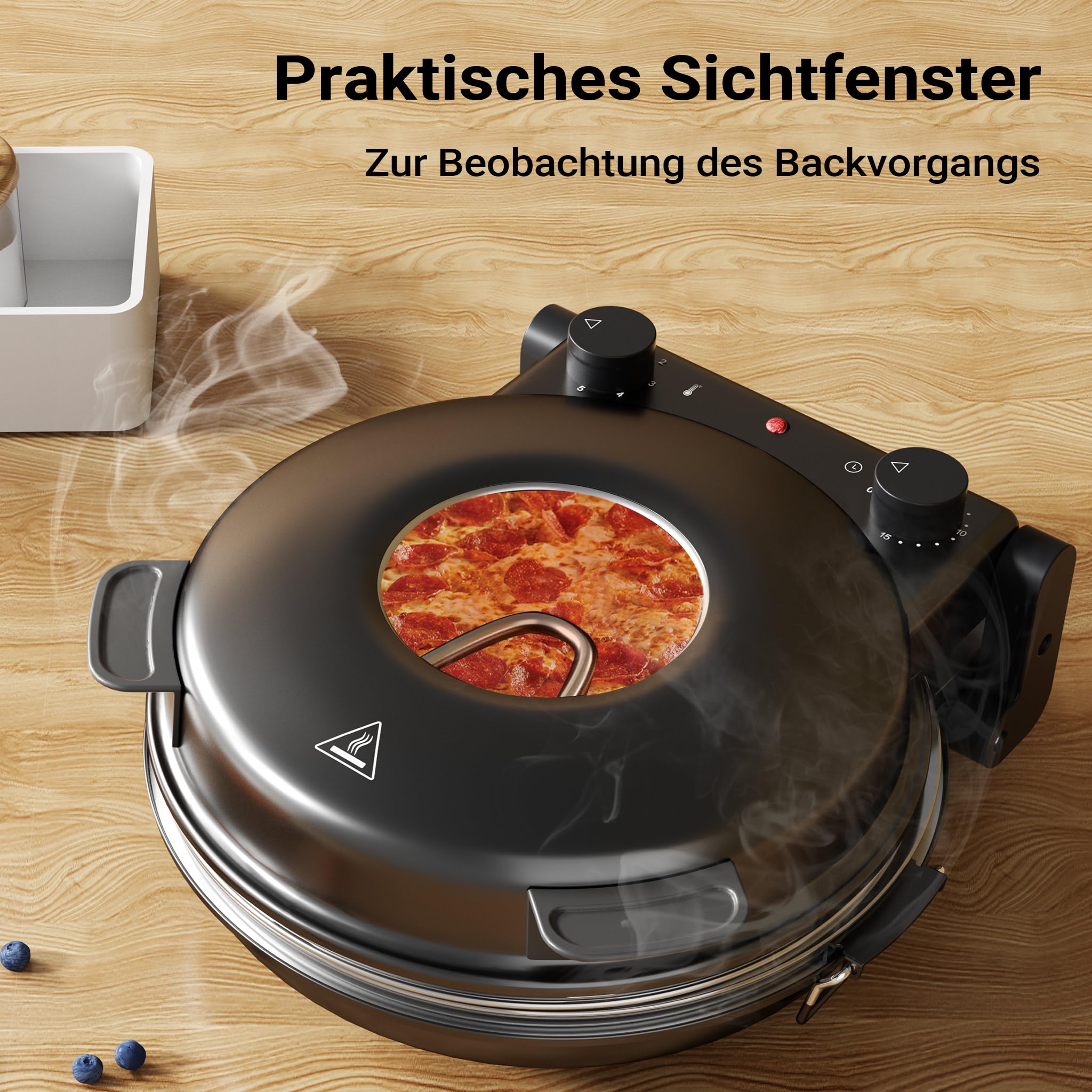 Pizzamaker mit Keramiksteinplatte Ø32cm und Sichtfenster, zwei Heizelemente max. 400°C, mit Timer