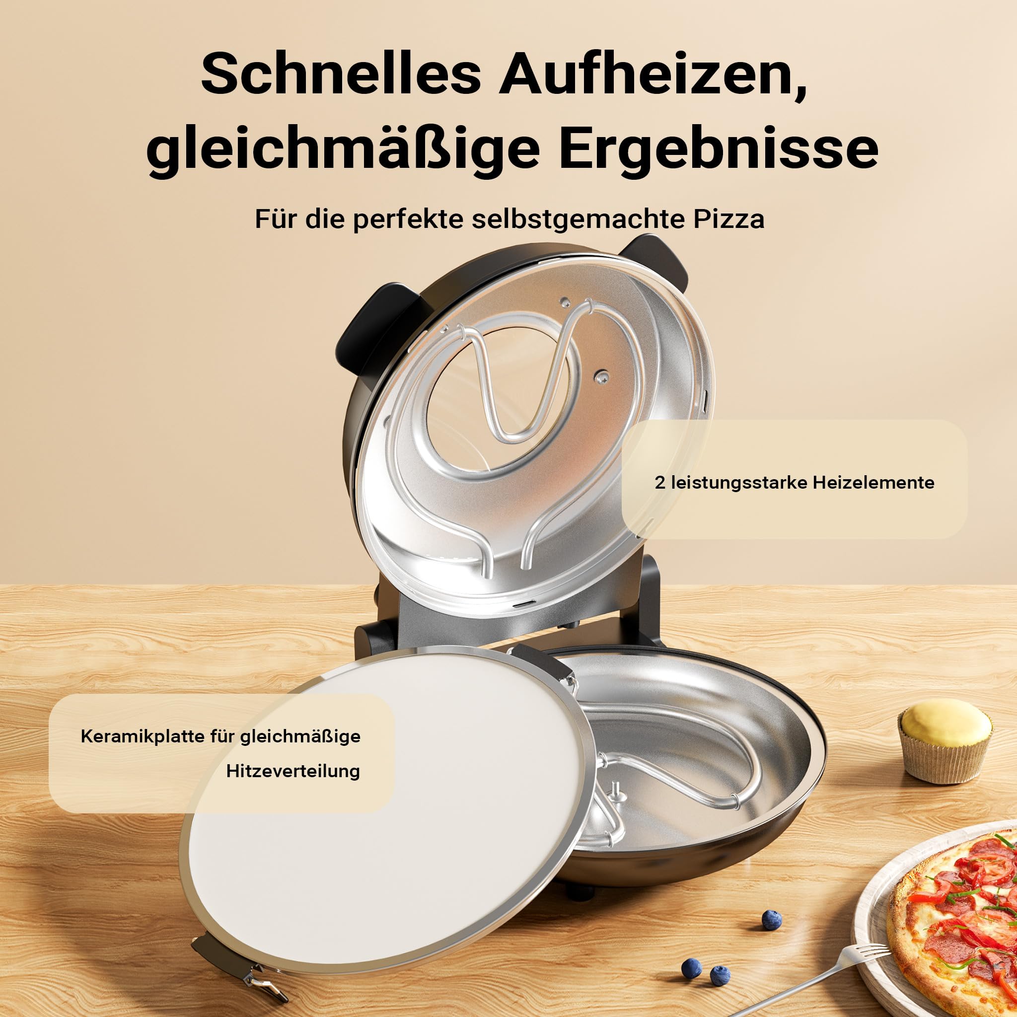 Pizzamaker mit Keramiksteinplatte Ø32cm und Sichtfenster, zwei Heizelemente max. 400°C, mit Timer