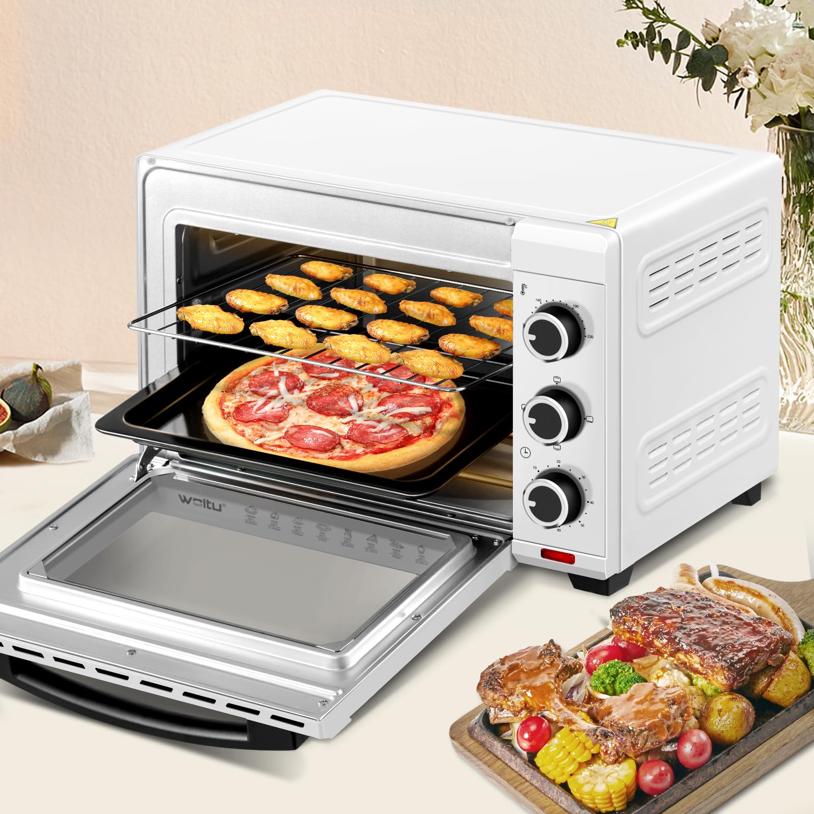 WOLTU Mini Backofen 28 L, Pizzaofen 1600 W, 100-230 °C, Timer 0-60 Min., 3 Heizmodi, inkl. Backblech Grillrost Krümelblech Rostheber, Mini Ofen für Backen Braten Auftauen Erhitzen, Weiß