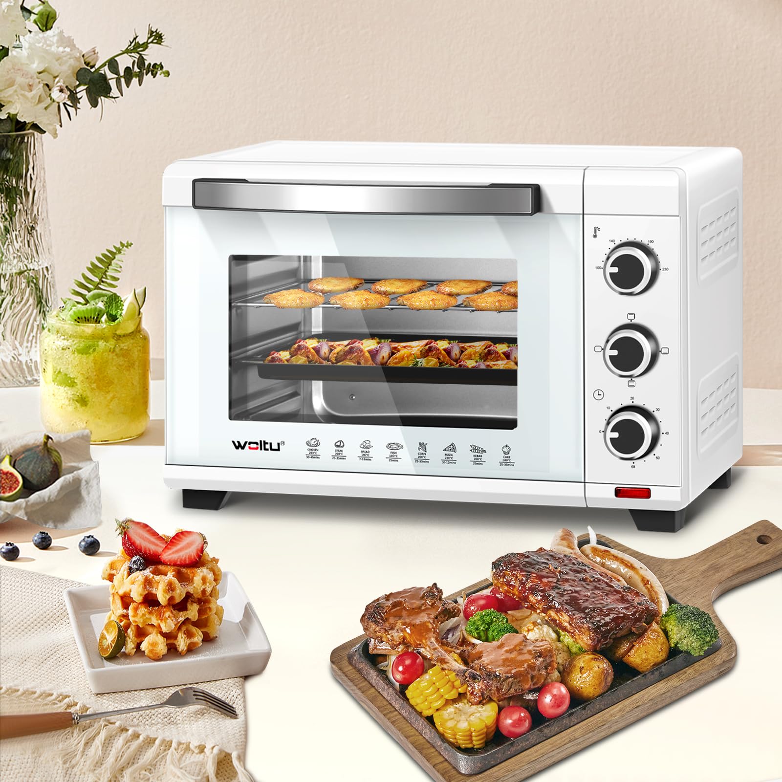 WOLTU Mini Backofen 28 L, Pizzaofen 1600 W, 100-230 °C, Timer 0-60 Min., 3 Heizmodi, inkl. Backblech Grillrost Krümelblech Rostheber, Mini Ofen für Backen Braten Auftauen Erhitzen, Weiß