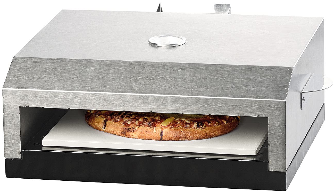 Rosenstein & Söhne Pizzaofen Aufsatz: Pizzaofen-Grillaufsatz mit Steinplatte & Temperaturanzeige bis 300 °C (Aufsatz für Gasgrill, Grill, Grillthermometer)